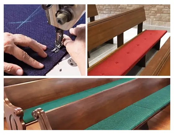A collage of images showing the stitching process and examples of cushions on pews